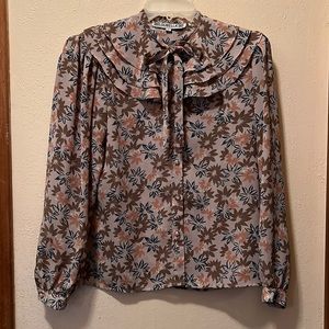 Vintage 70s Floral Tie Neck Blouse
